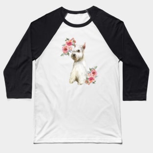 Cute White Schnauzer with Flowers Watercolor Art Baseball T-Shirt